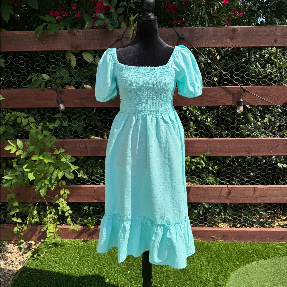 Place Smocked Midi Dress in Aqua Blue with Puff Sleeves